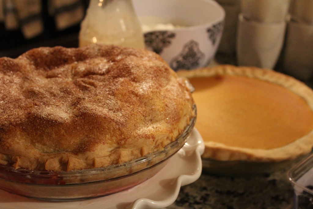 Apple berry pie, cream cheese pumpkin pie, egg nog, and fresh whipped cream