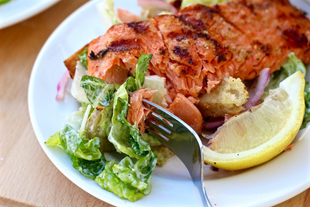 Grilled salmon Caesar salad.